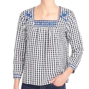 J Crew Black and White Checked Shirt with Blue Embroidery. Size XL